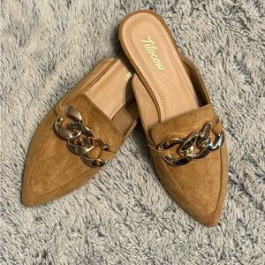 Tilocow camel suede mules with gold chain details